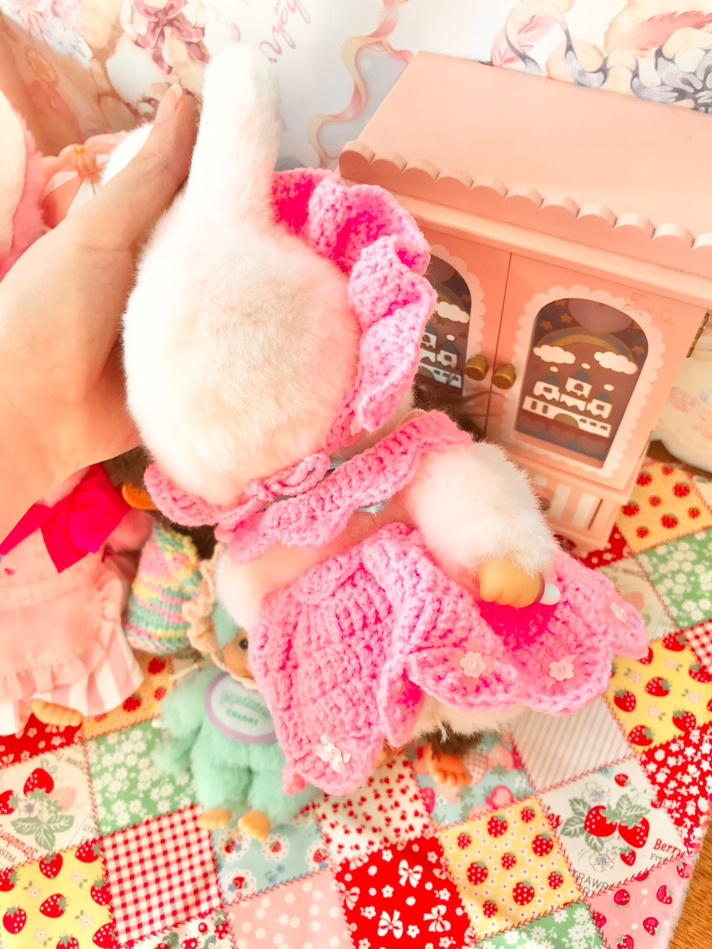 Pink Crochet Dress and Headband Set for Monchhichi