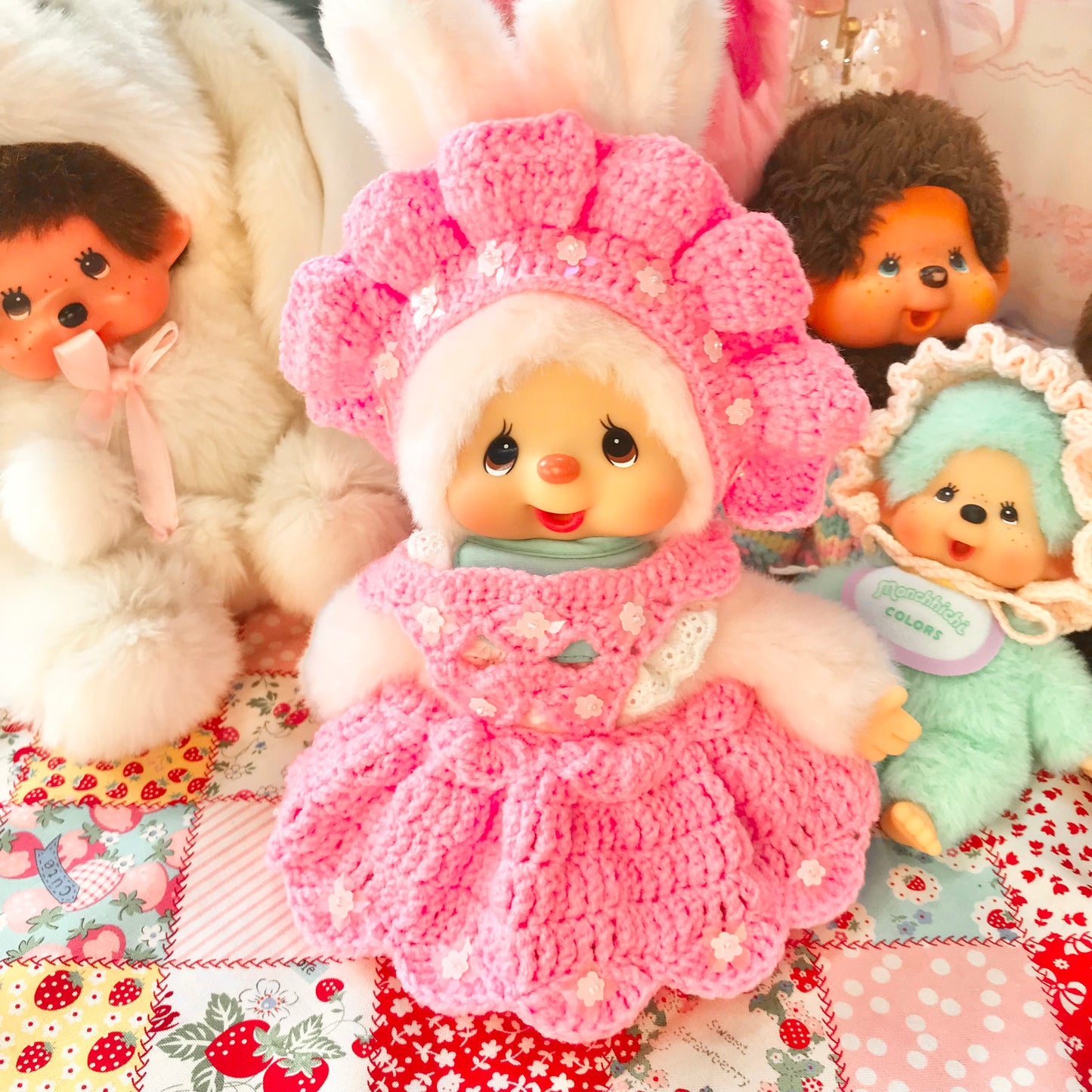 Pink Crochet Dress and Headband Set for Monchhichi