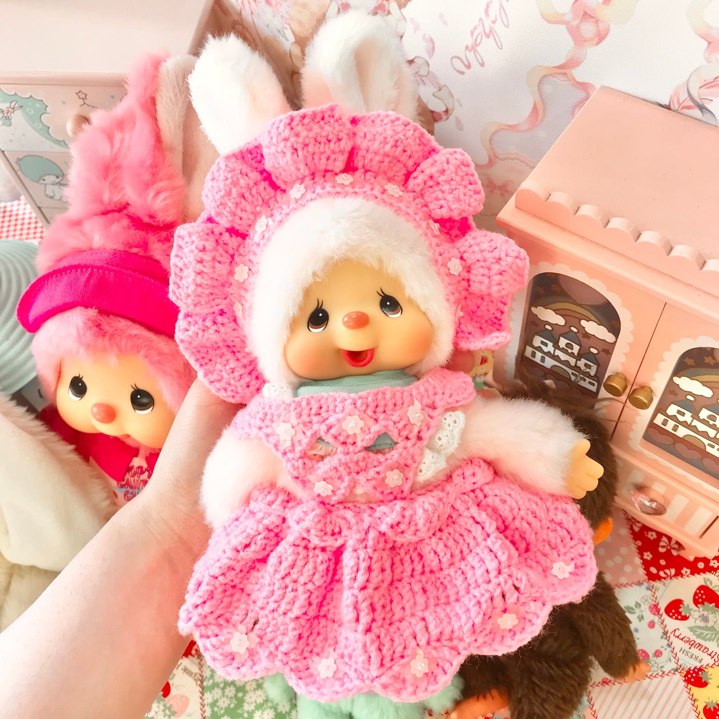 Pink Crochet Dress and Headband Set for Monchhichi