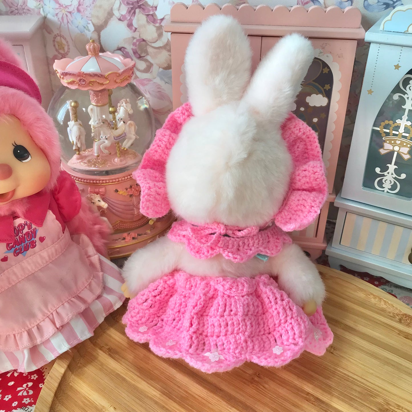 Pink Crochet Dress and Headband Set for Monchhichi