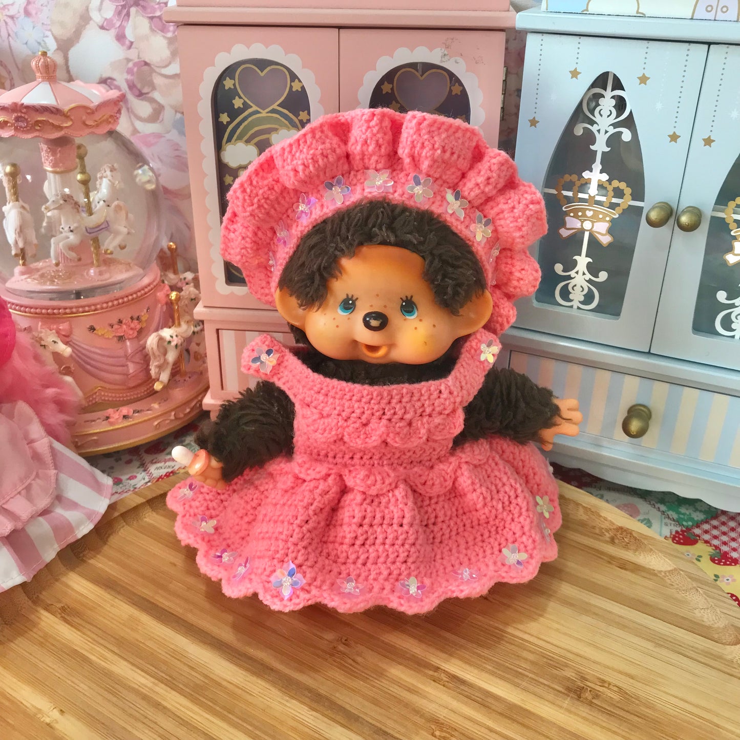 Peach Pink Crochet Dress and Headband Set for Monchhichi