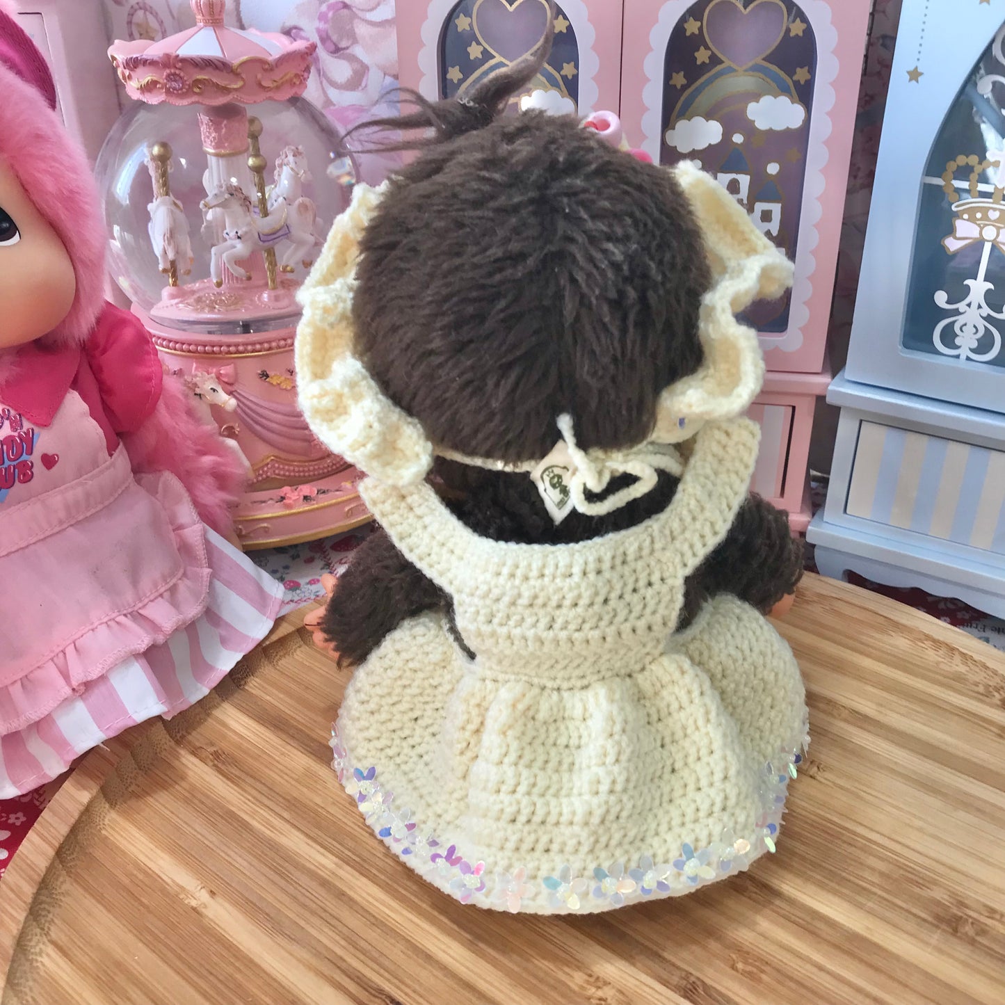 Yellow Crochet Dress and Headband Set for Monchhichi