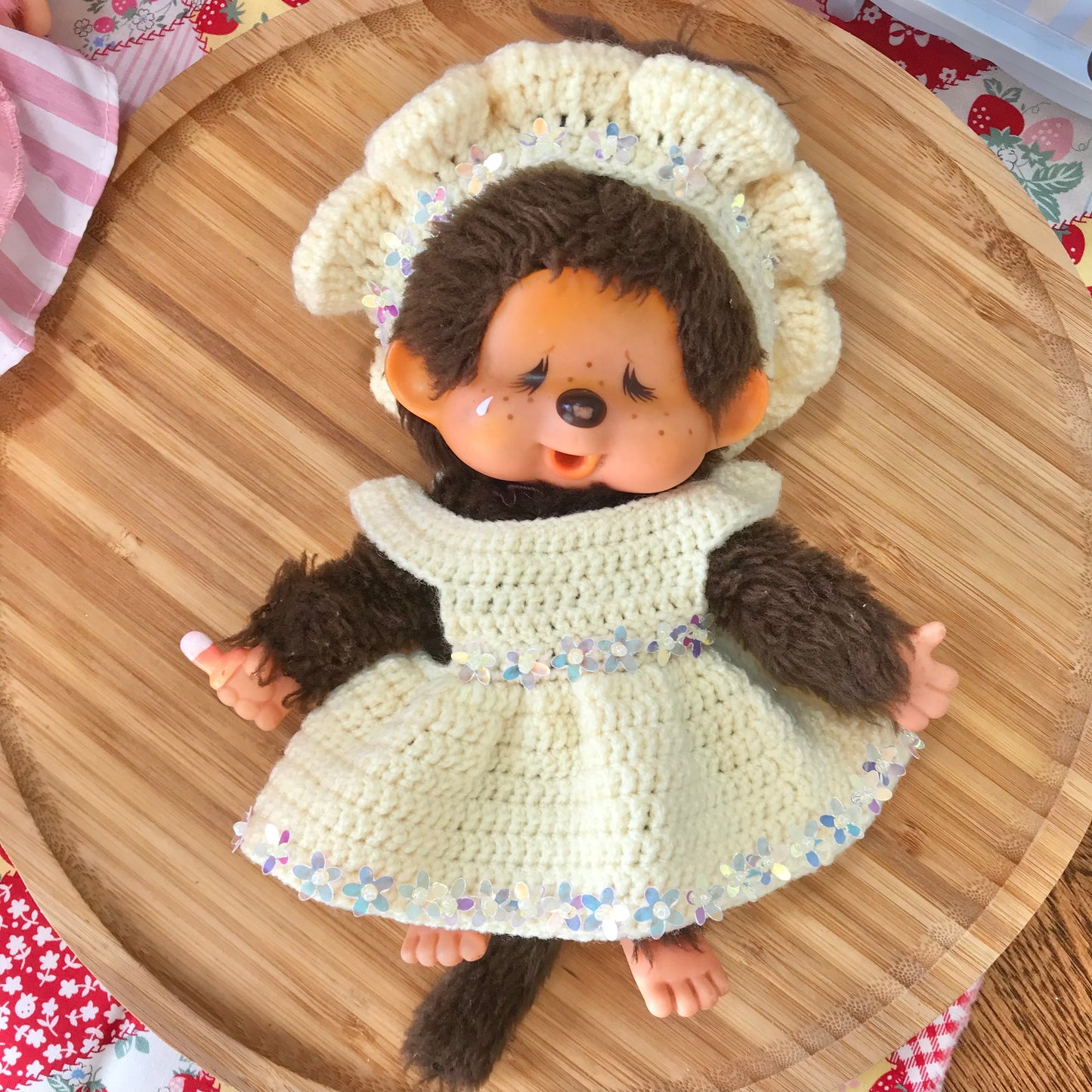 Yellow Crochet Dress and Headband Set for Monchhichi