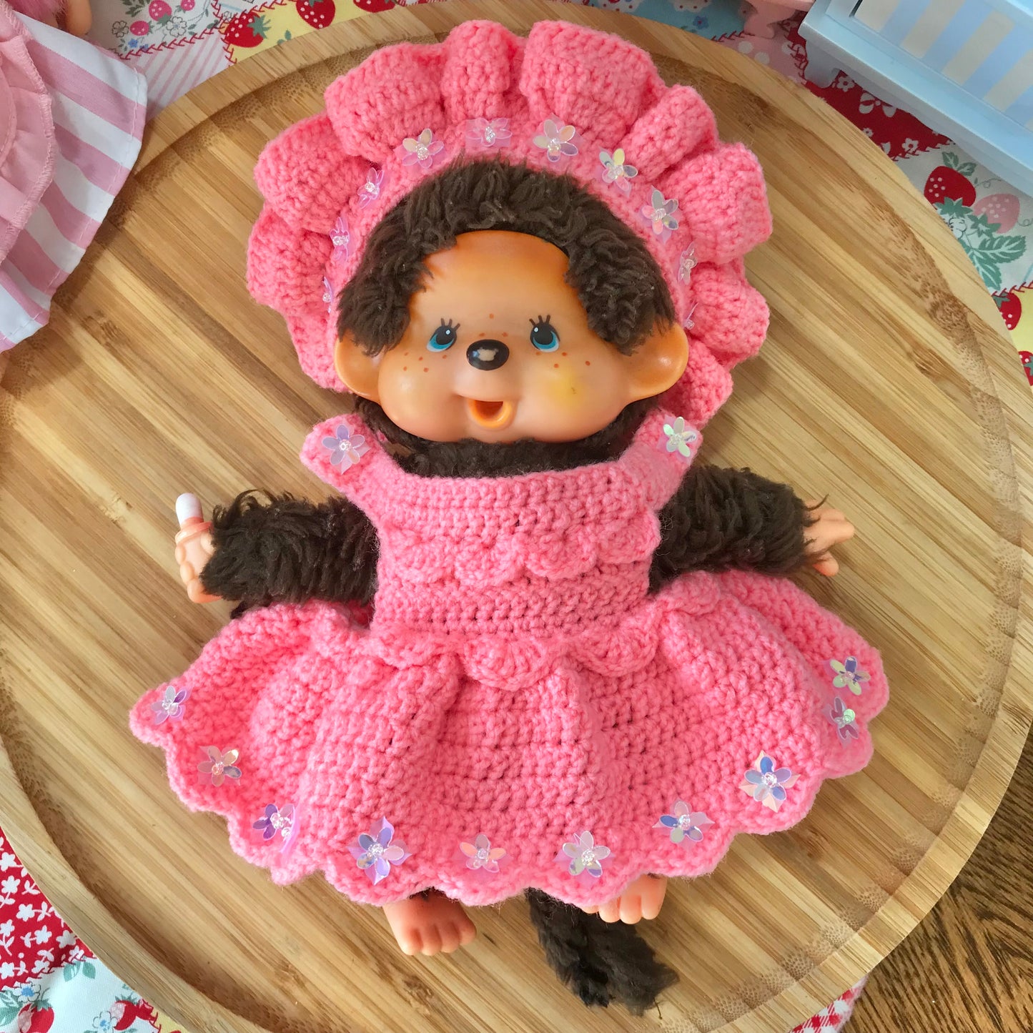 Peach Pink Crochet Dress and Headband Set for Monchhichi