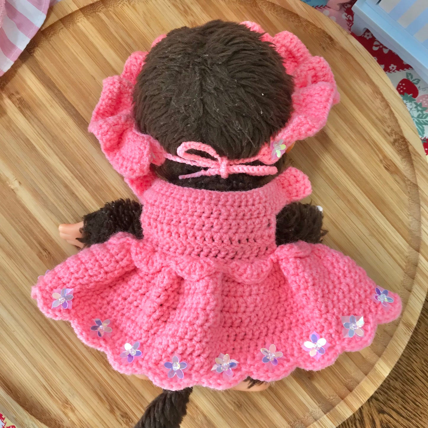 Peach Pink Crochet Dress and Headband Set for Monchhichi
