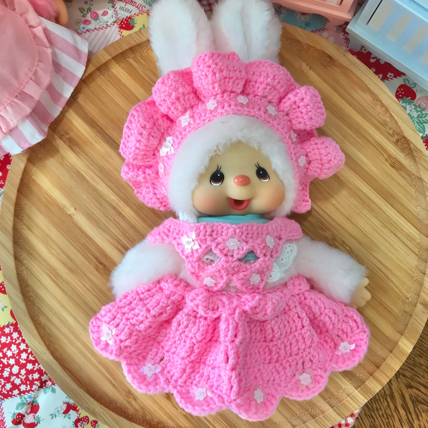 Pink Crochet Dress and Headband Set for Monchhichi