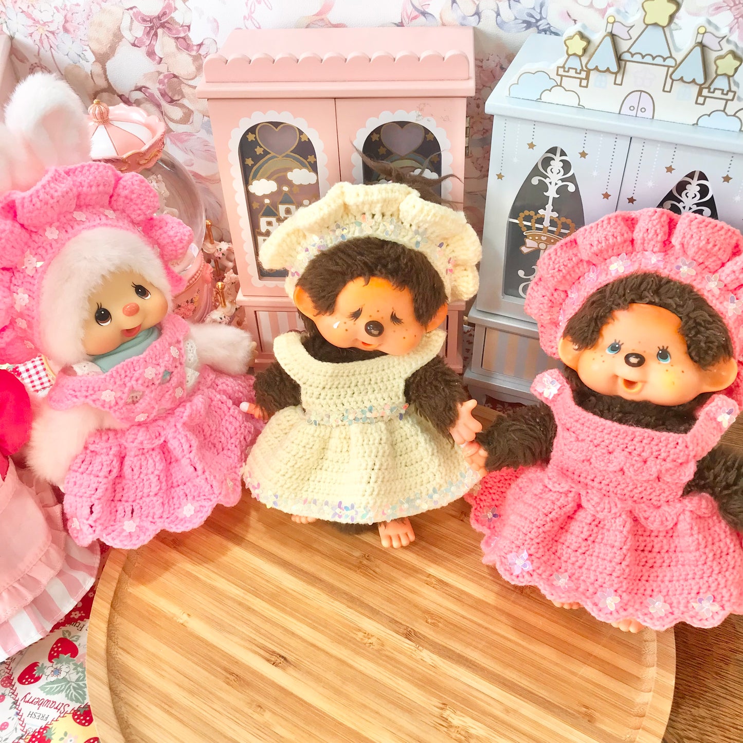 Peach Pink Crochet Dress and Headband Set for Monchhichi