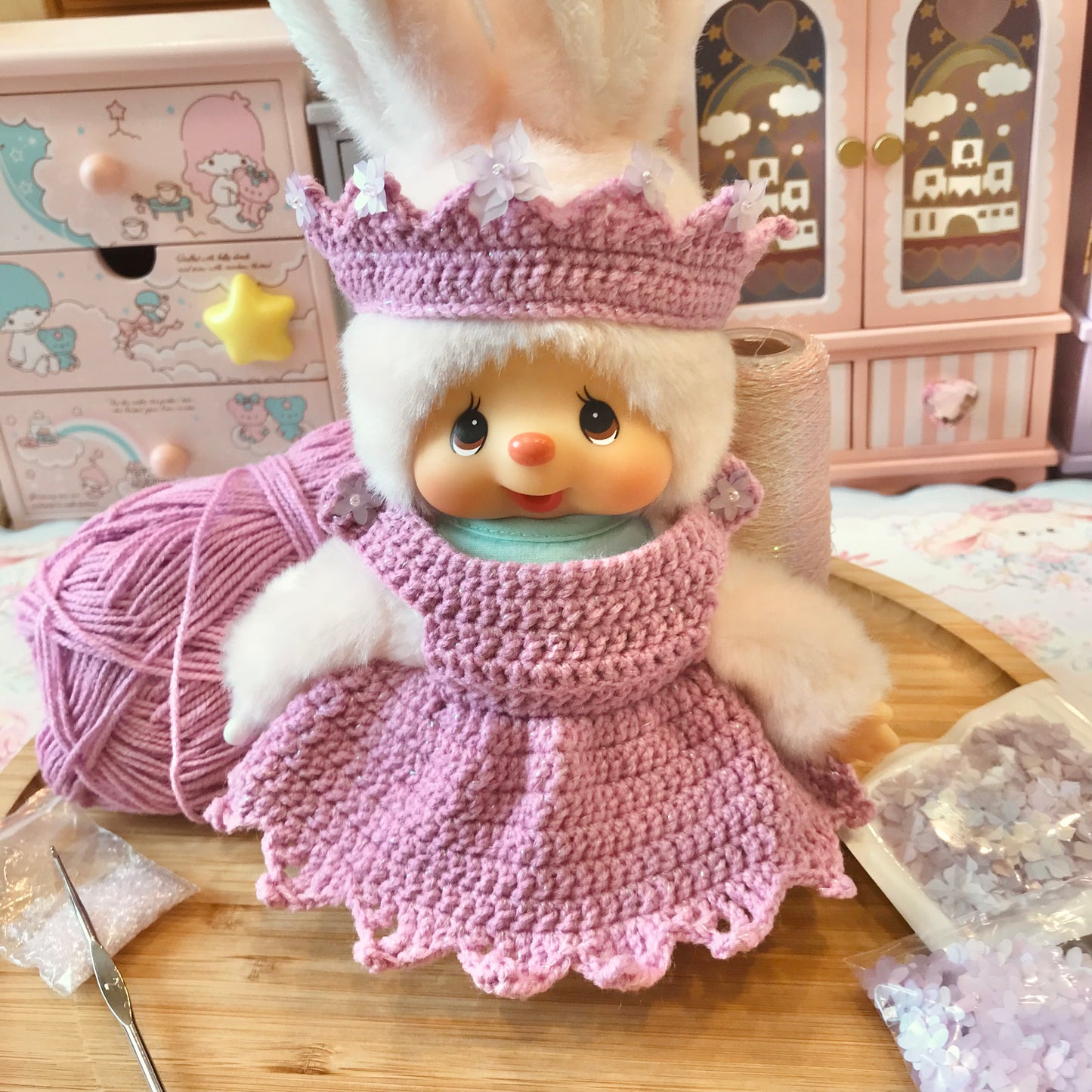 Lavender Crochet Dress and Headband Set for Monchhichi