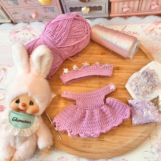 Lavender Crochet Dress and Headband Set for Monchhichi