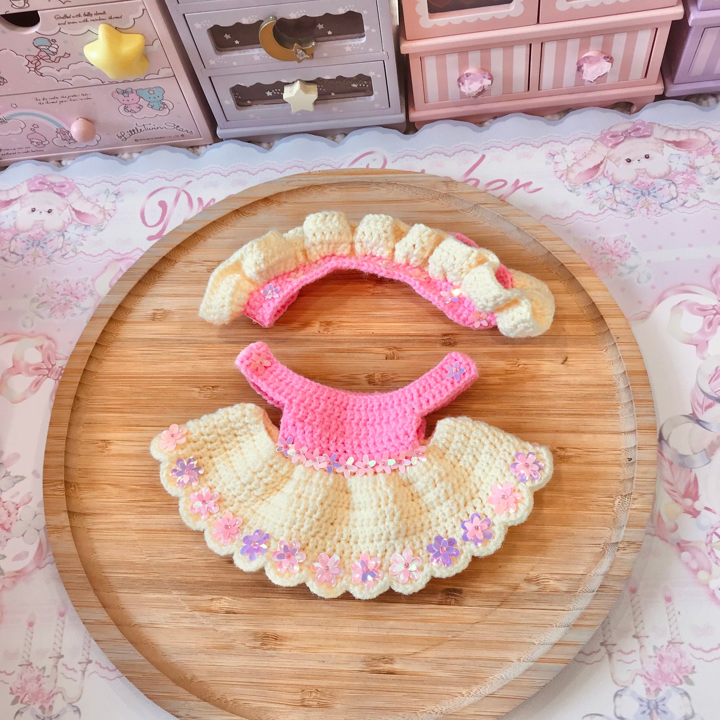 Pink And Yellow Crochet Dress and Headband Set for Monchhichi