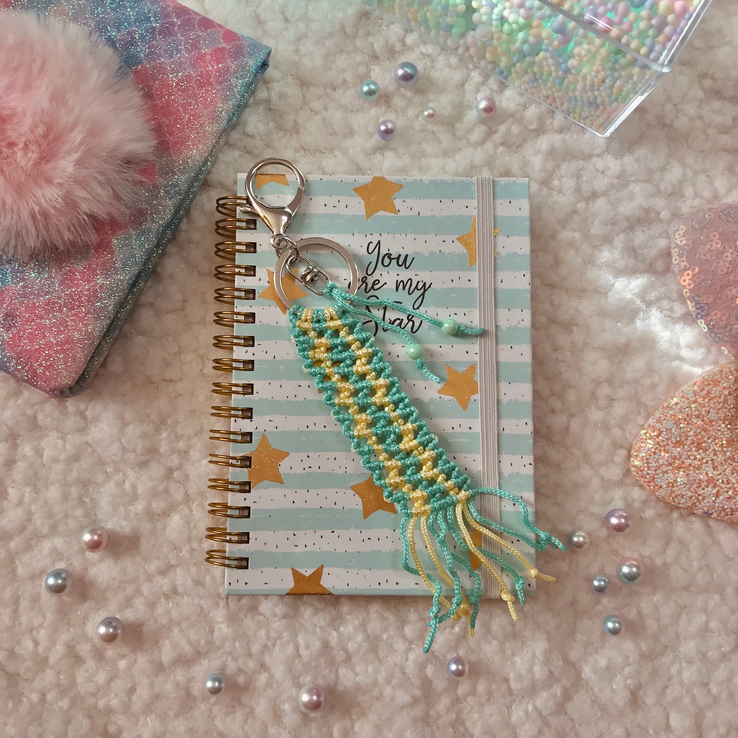 Cute Kawaii Mint And Yellow Macrame Keychain