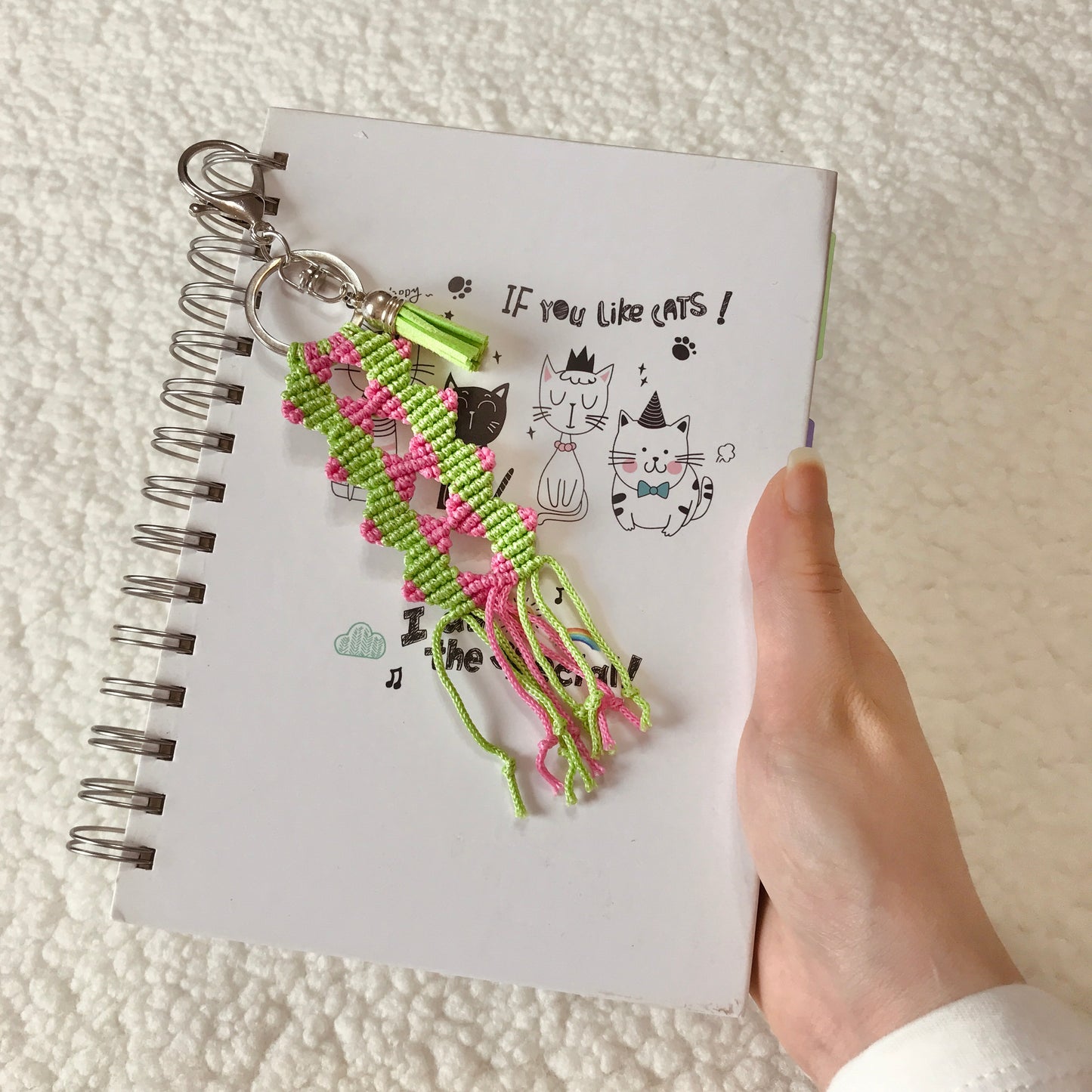 Cute Kawaii Green And Pink Macrame Keychain