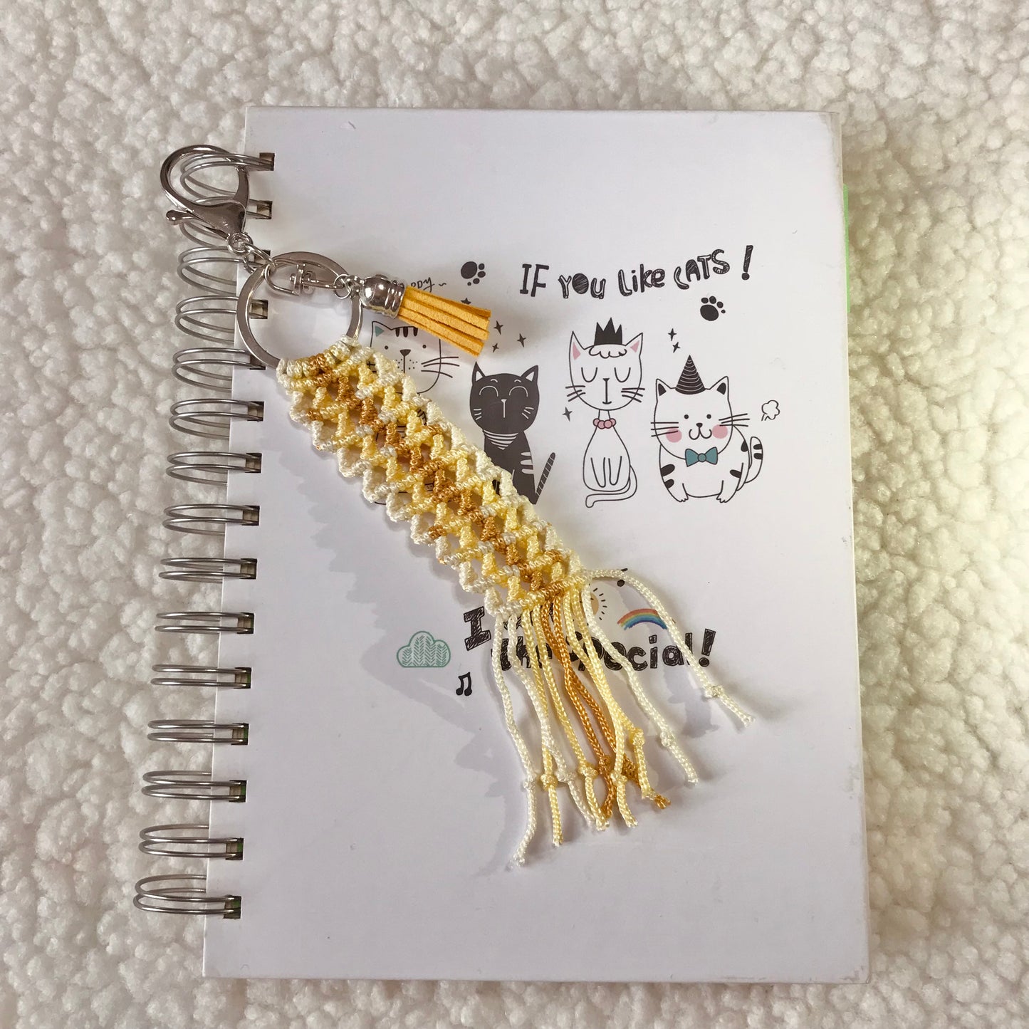 Cute Kawaii Tan And Yellow Macrame Keychain For Bullet Journals