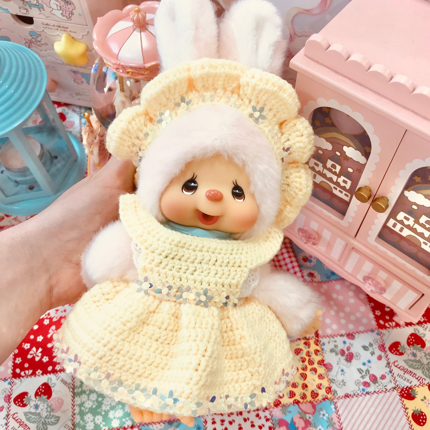 Yellow Crochet Dress and Headband Set for Monchhichi