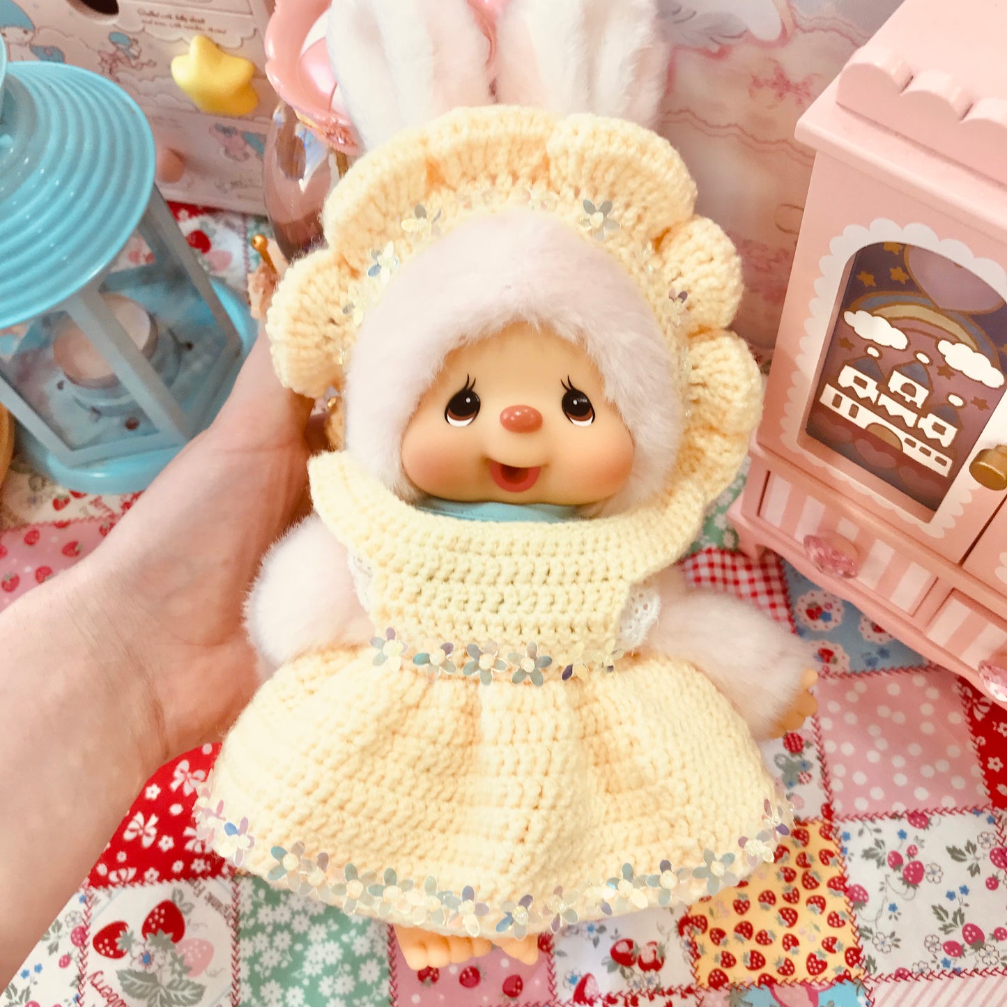 Yellow Crochet Dress and Headband Set for Monchhichi