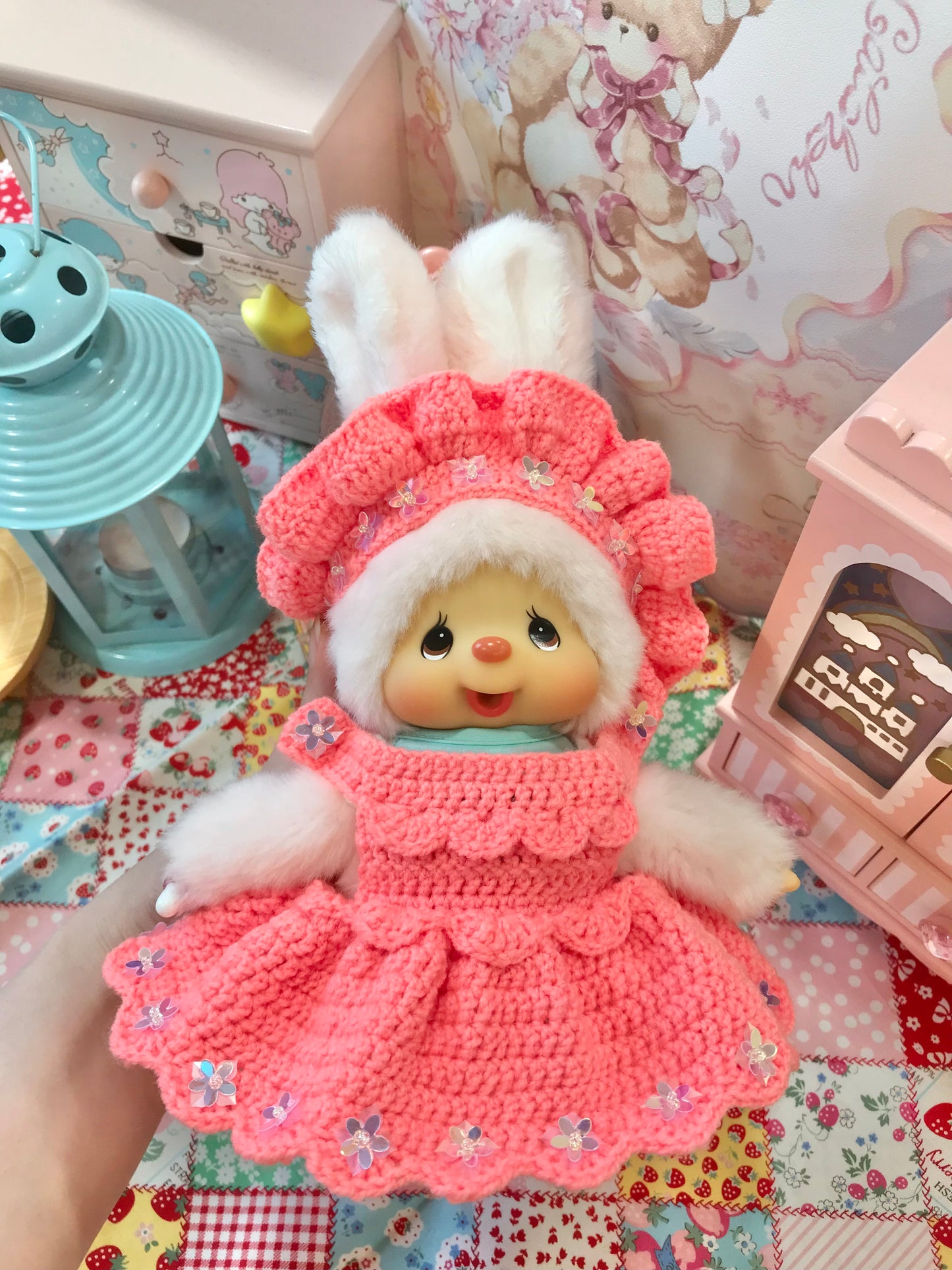 Peach Pink Crochet Dress and Headband Set for Monchhichi