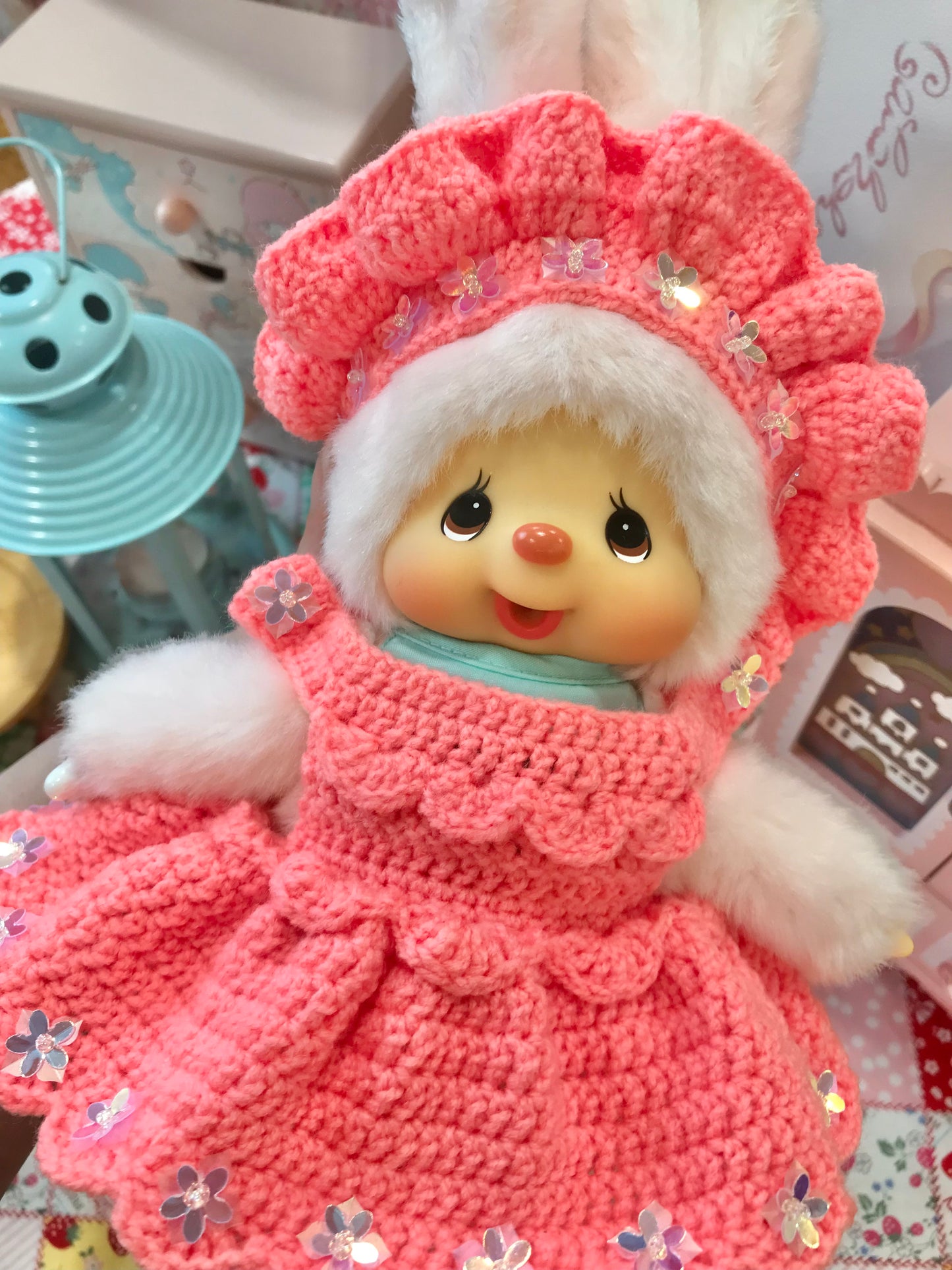 Peach Pink Crochet Dress and Headband Set for Monchhichi