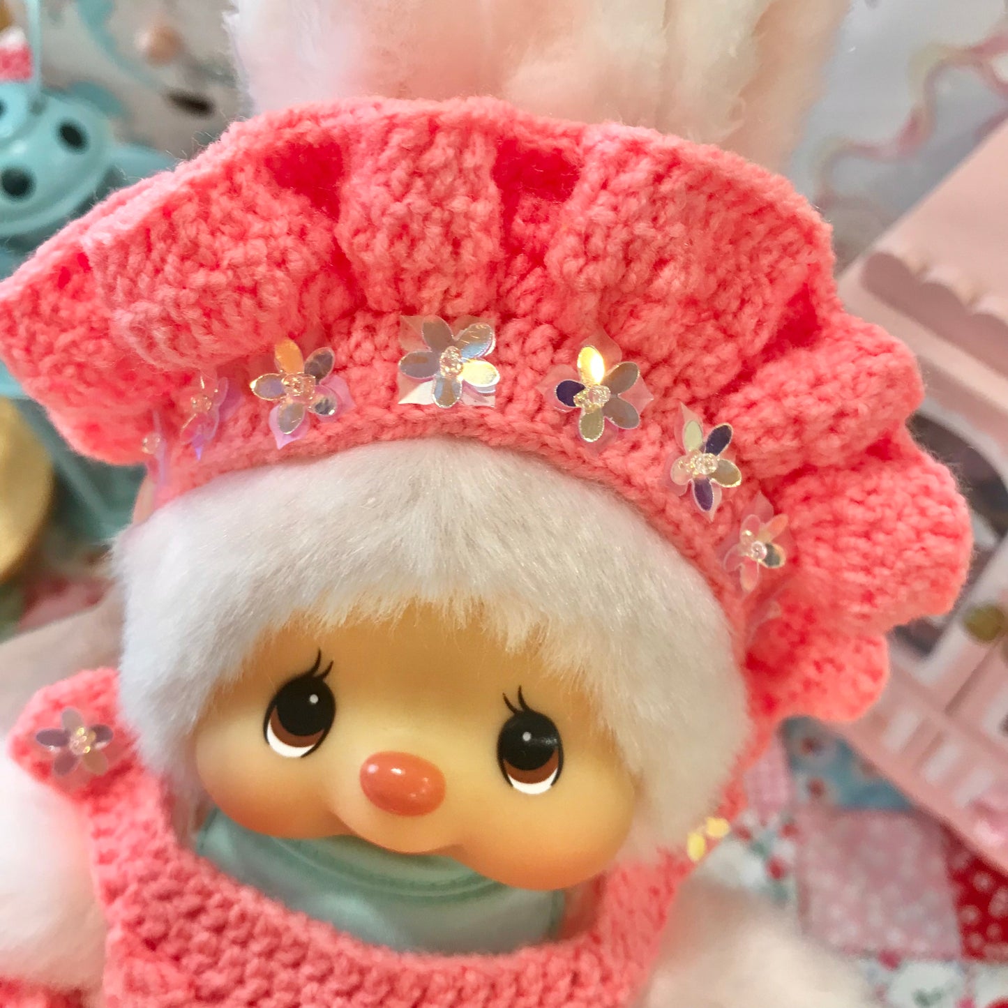 Peach Pink Crochet Dress and Headband Set for Monchhichi