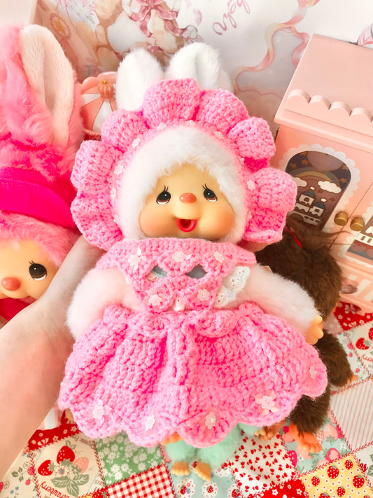 Pink Crochet Dress and Headband Set for Monchhichi