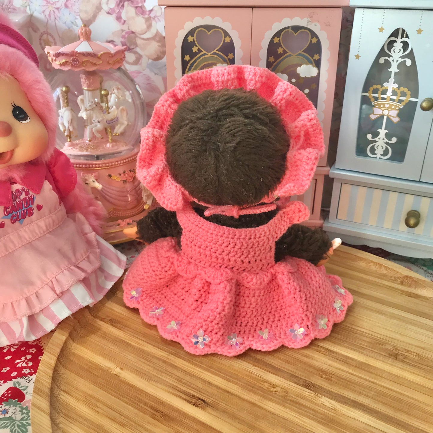 Peach Pink Crochet Dress and Headband Set for Monchhichi