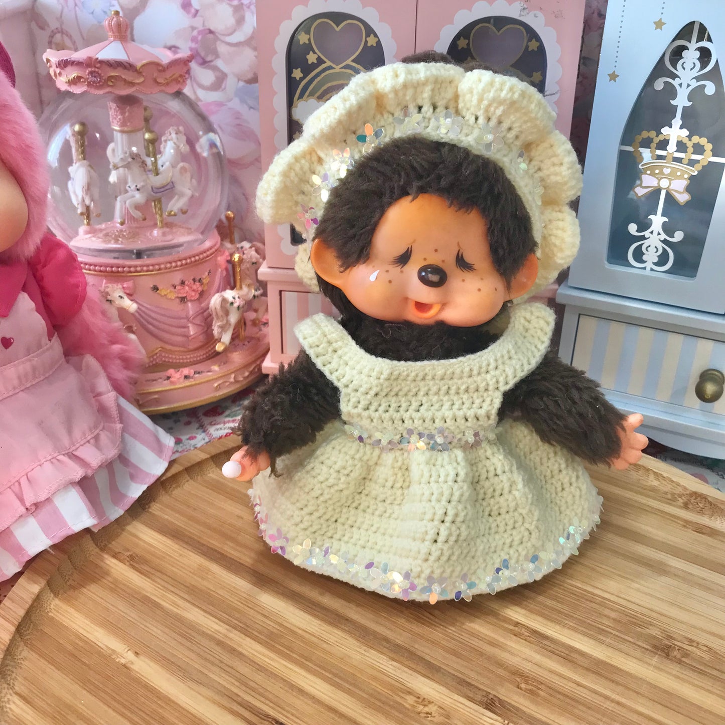 Yellow Crochet Dress and Headband Set for Monchhichi