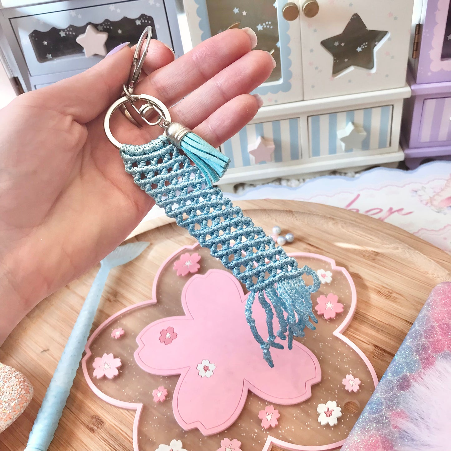 Cute Kawaii Sky Blue Macrame Keychain