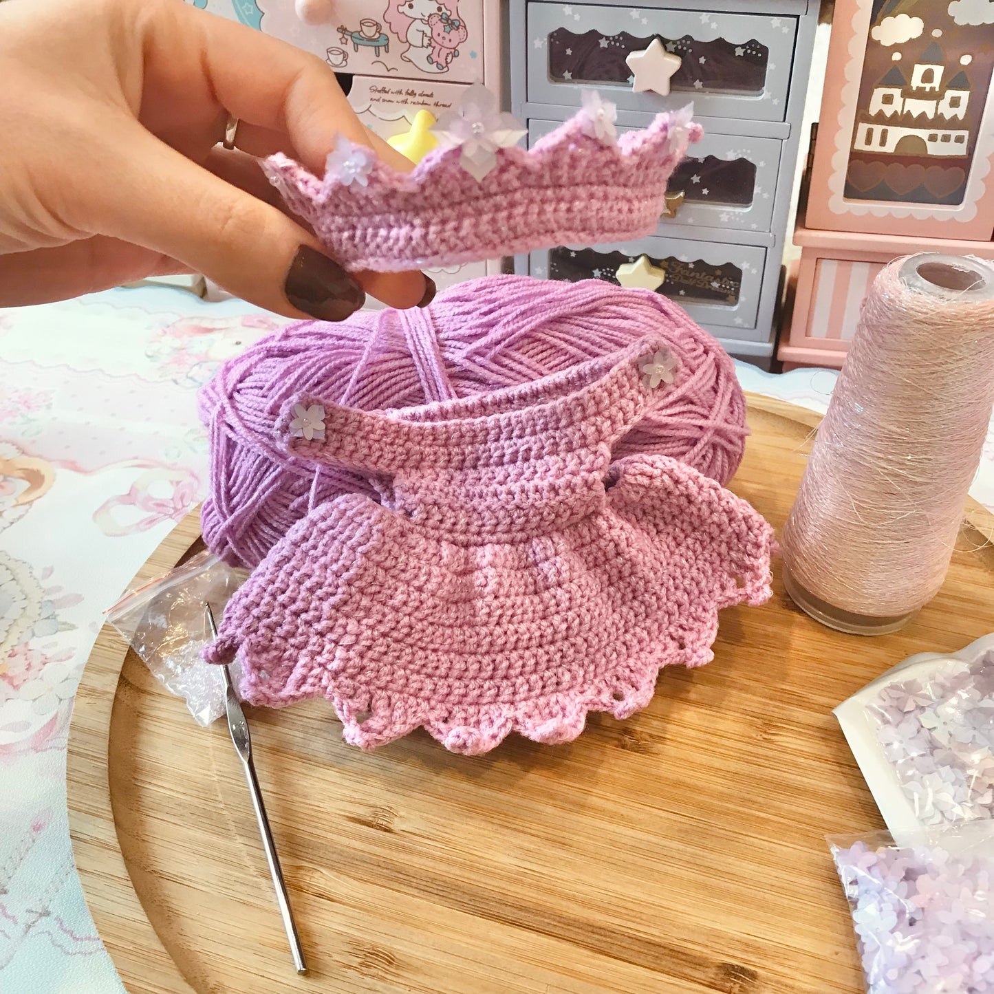 Lavender Crochet Dress and Headband Set for Monchhichi