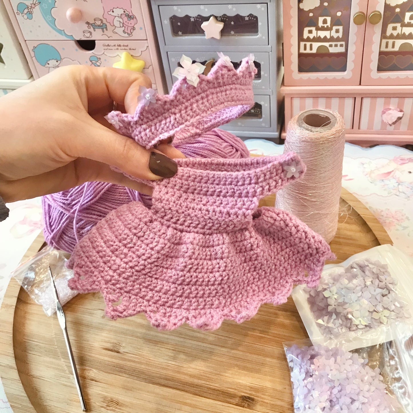 Lavender Crochet Dress and Headband Set for Monchhichi