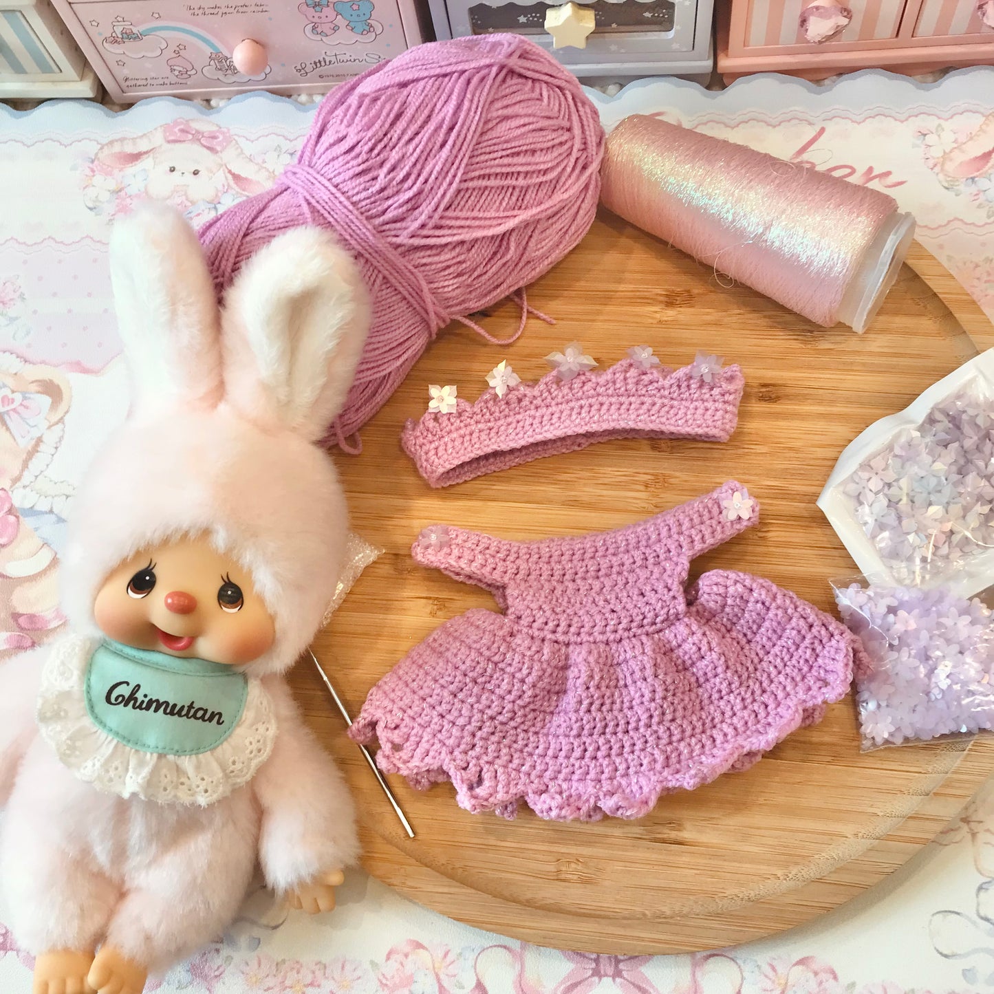 Lavender Crochet Dress and Headband Set for Monchhichi