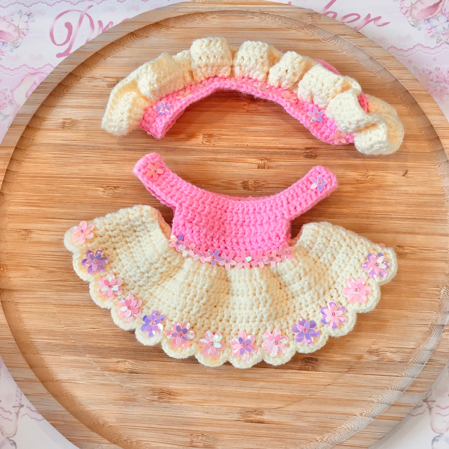 Pink And Yellow Crochet Dress and Headband Set for Monchhichi