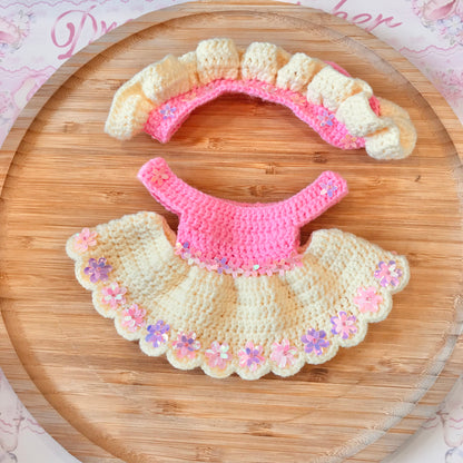 Pink And Yellow Crochet Dress and Headband Set for Monchhichi