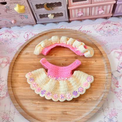 Pink And Yellow Crochet Dress and Headband Set for Monchhichi
