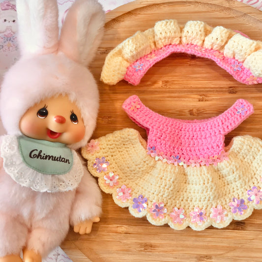 Pink And Yellow Crochet Dress and Headband Set for Monchhichi