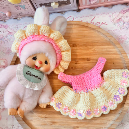 Pink And Yellow Crochet Dress and Headband Set for Monchhichi