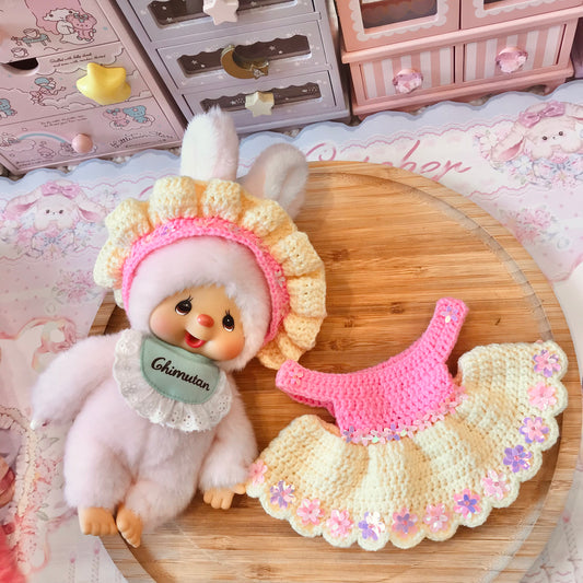 Pink And Yellow Crochet Dress and Headband Set for Monchhichi