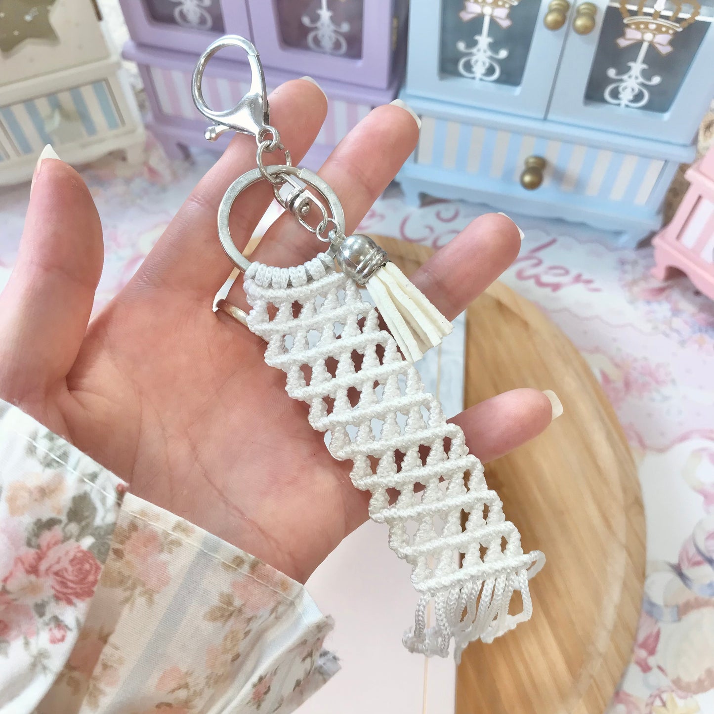 Cute White Macrame Keychain