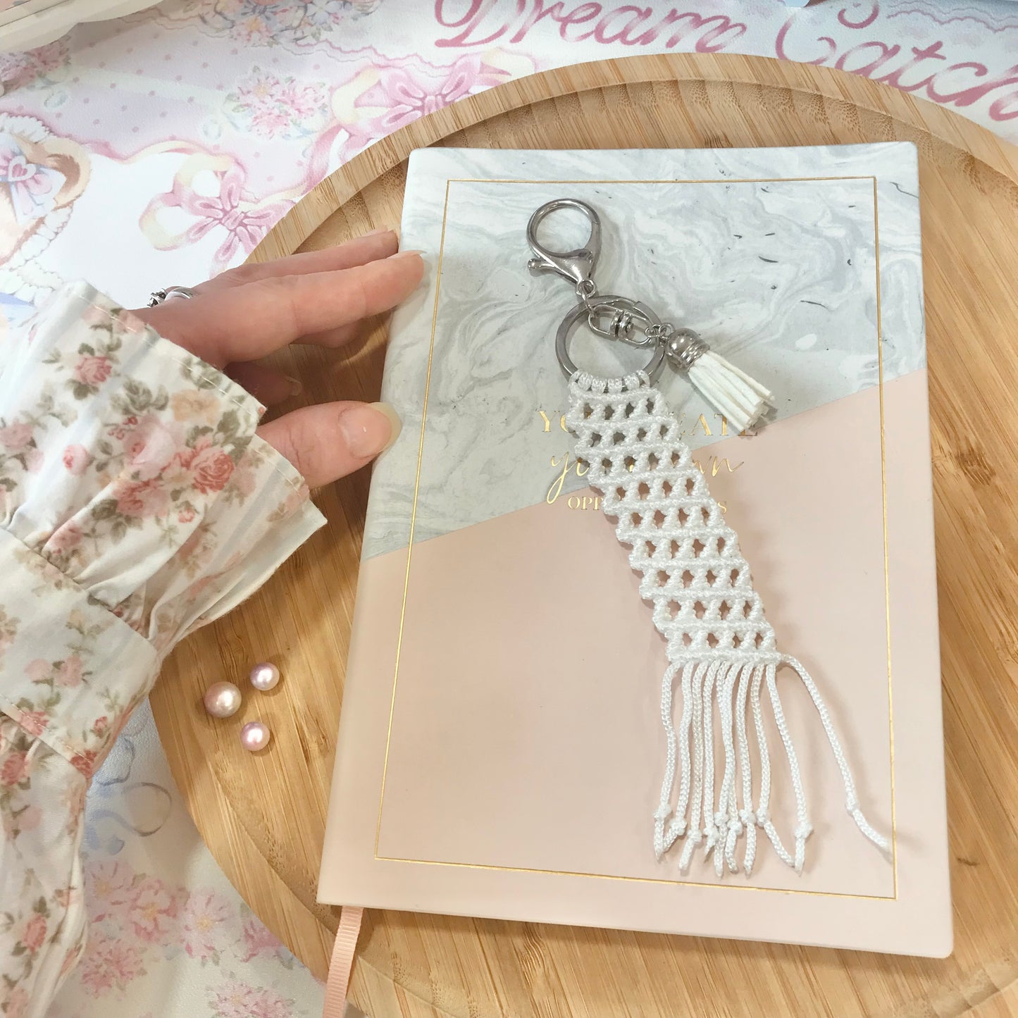 Cute White Macrame Keychain