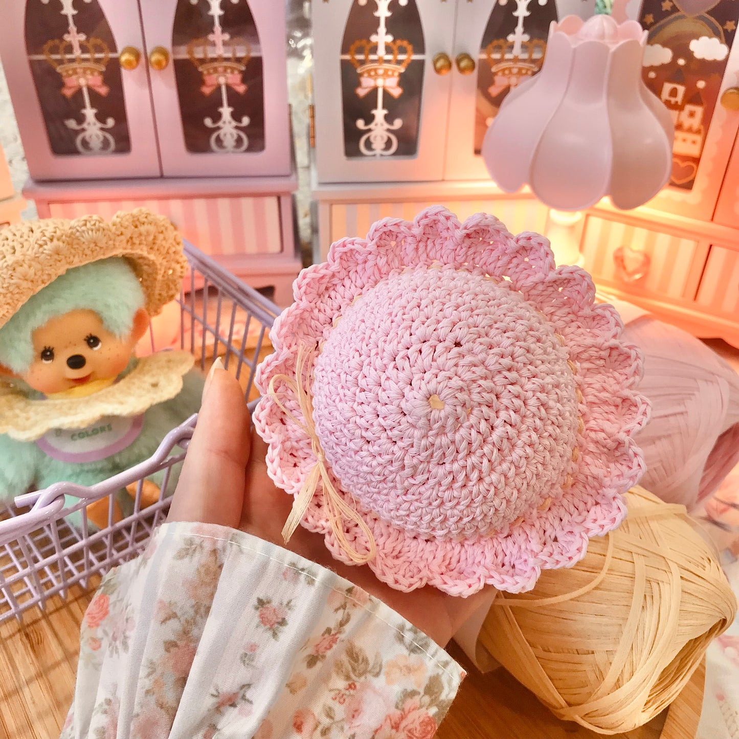 Pastel Pink Crochet Hat for Monchhichi Toys
