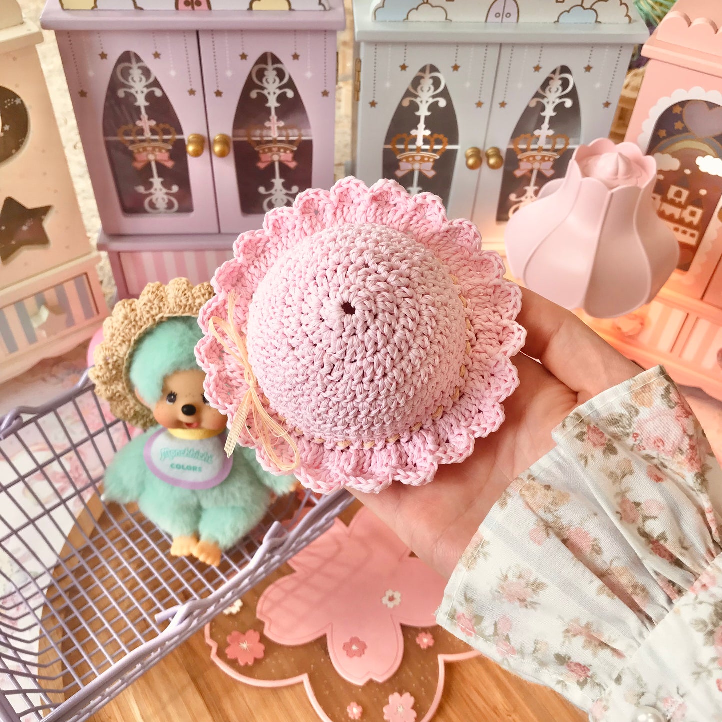 Pastel Pink Crochet Hat for Monchhichi Toys