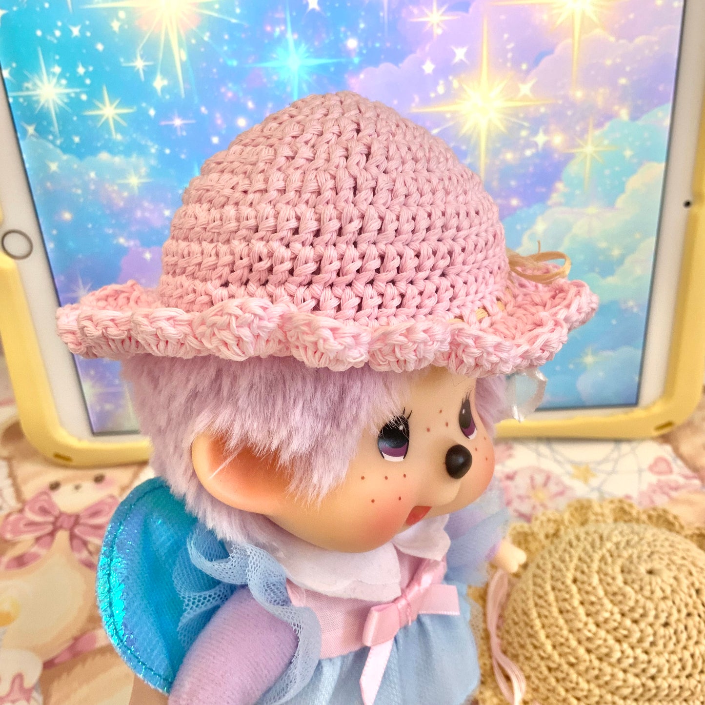 Pastel Pink Crochet Hat for Monchhichi Toys