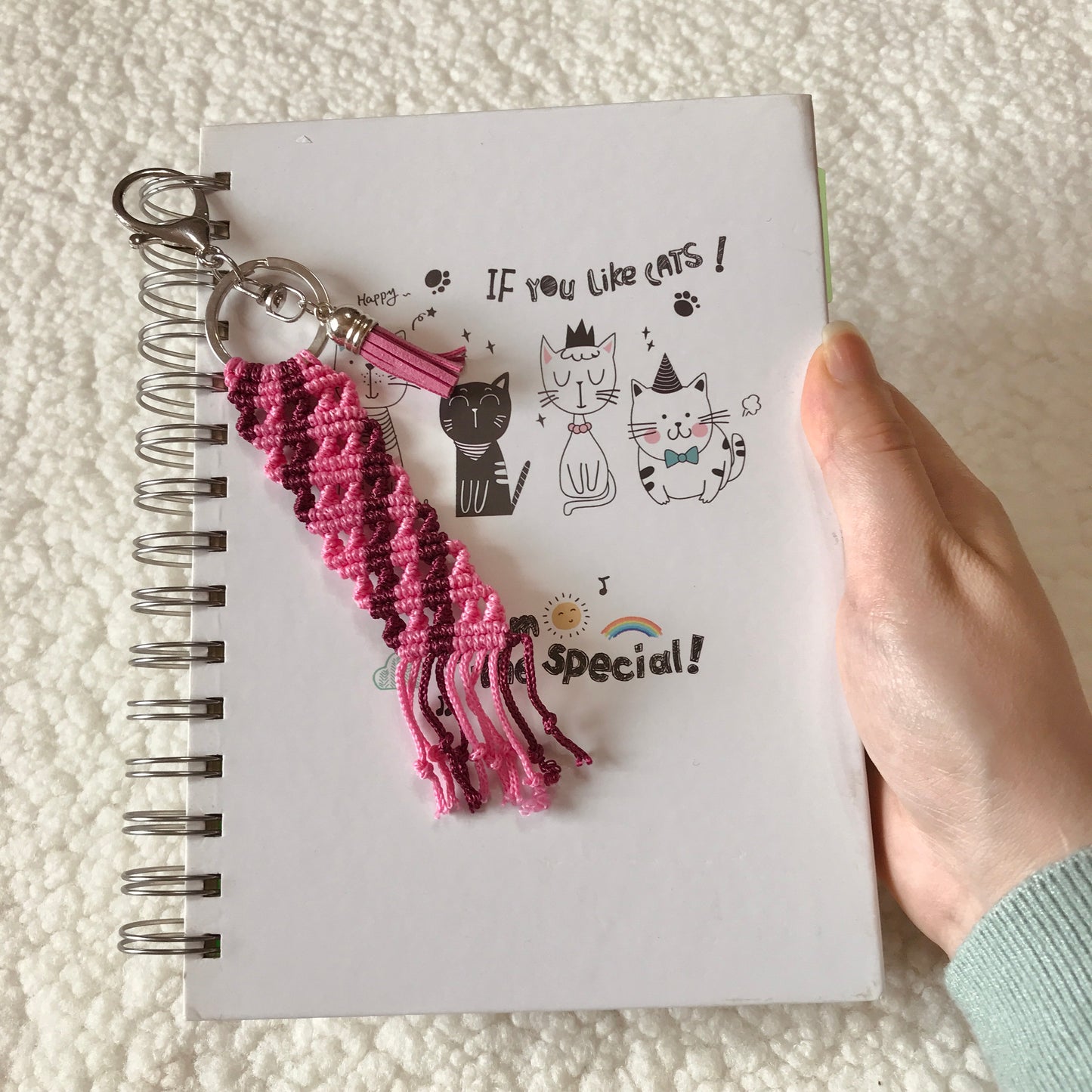 Cute Light And Dark Pink Macrame Keychain For Planners