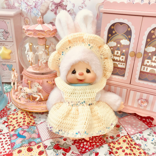 Yellow Crochet Dress and Headband Set for Monchhichi