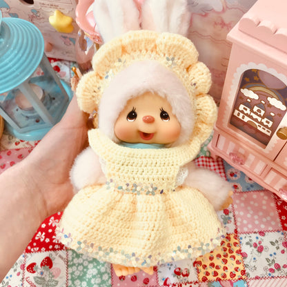 Yellow Crochet Dress and Headband Set for Monchhichi