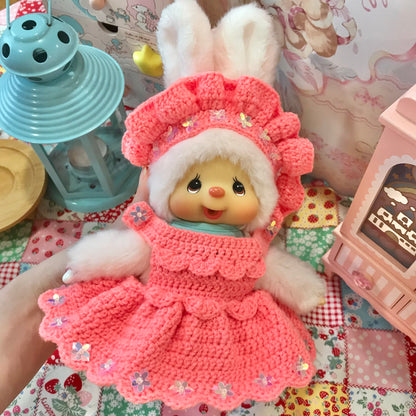 Peach Pink Crochet Dress and Headband Set for Monchhichi