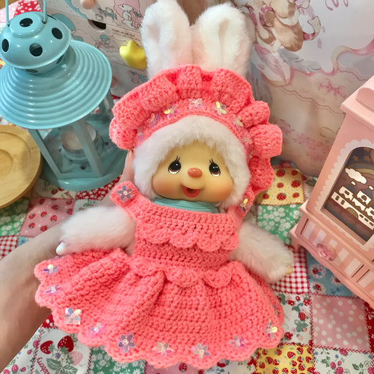 Peach Pink Crochet Dress and Headband Set for Monchhichi