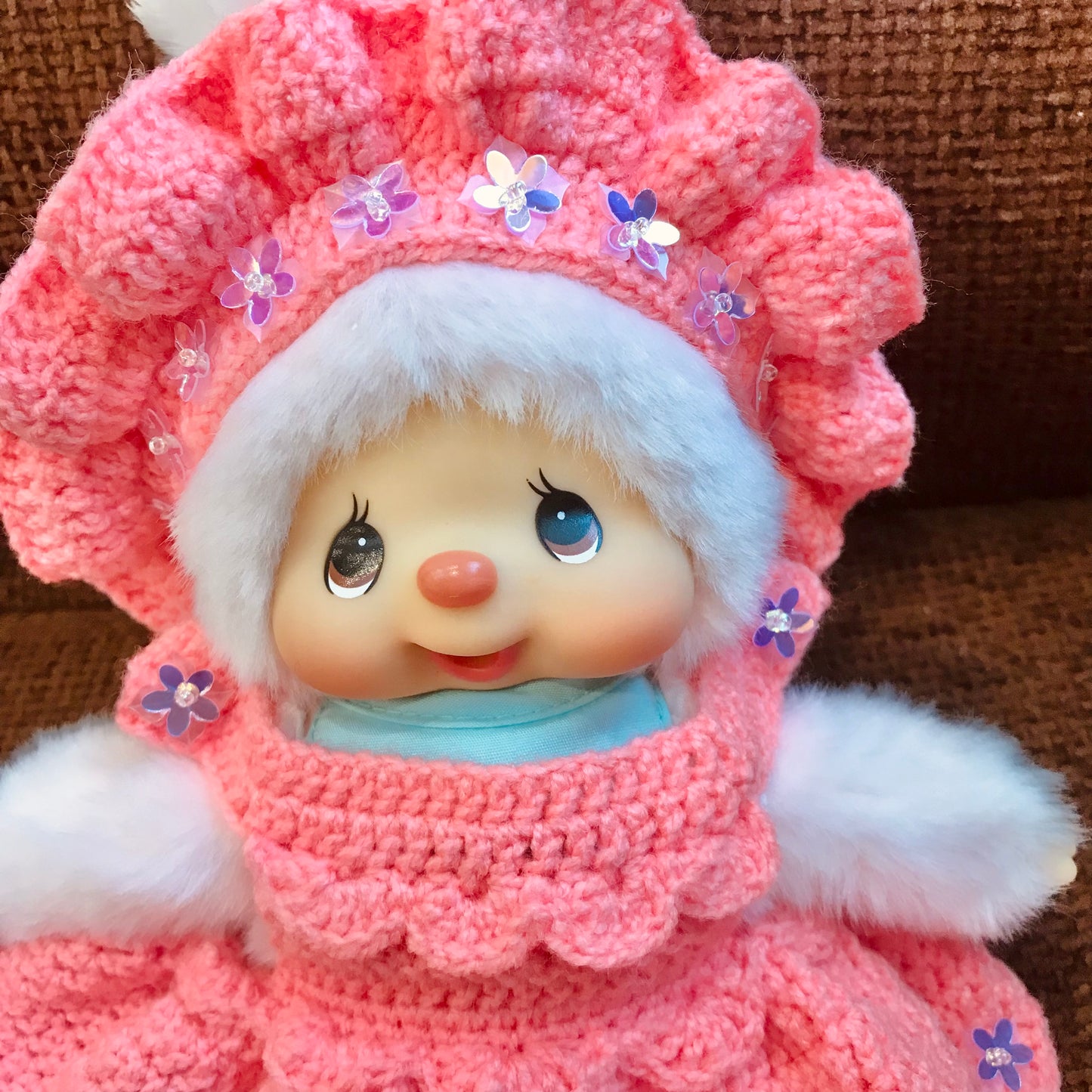 Peach Pink Crochet Dress and Headband Set for Monchhichi