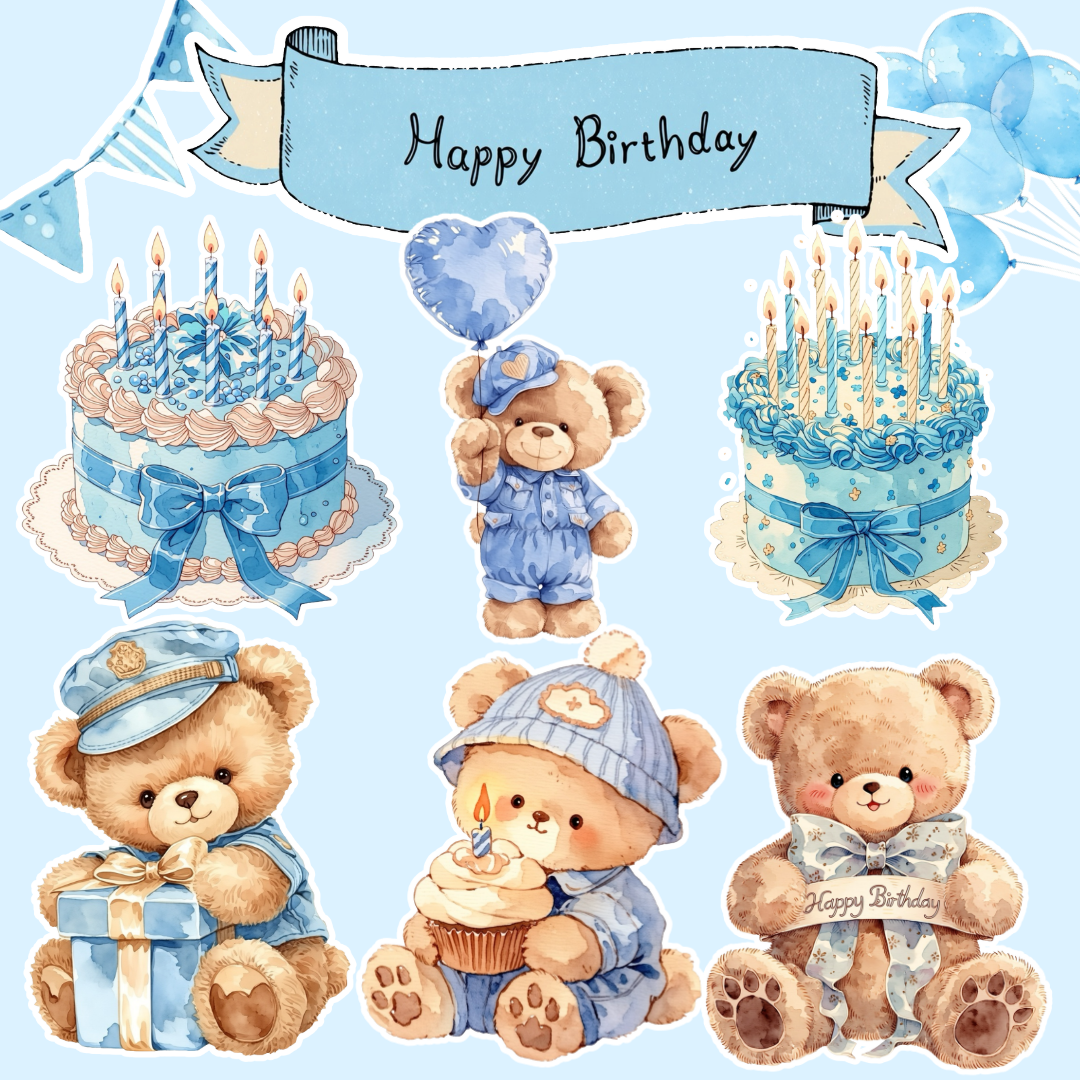 Boy Teddy Bear Birthday Clipart | Blue Birthday Party PNG Set