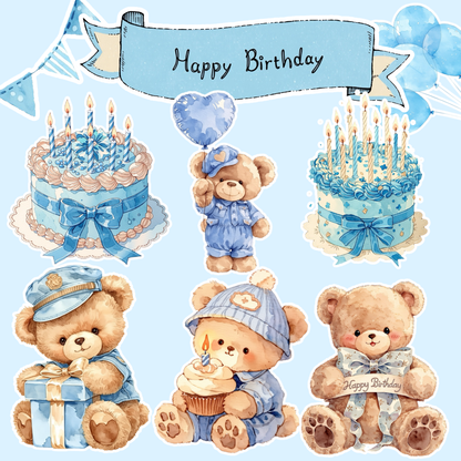 Boy Teddy Bear Birthday Clipart | Blue Birthday Party PNG Set