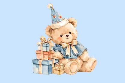 Boy Teddy Bear Birthday Clipart | Blue Birthday Party PNG Set