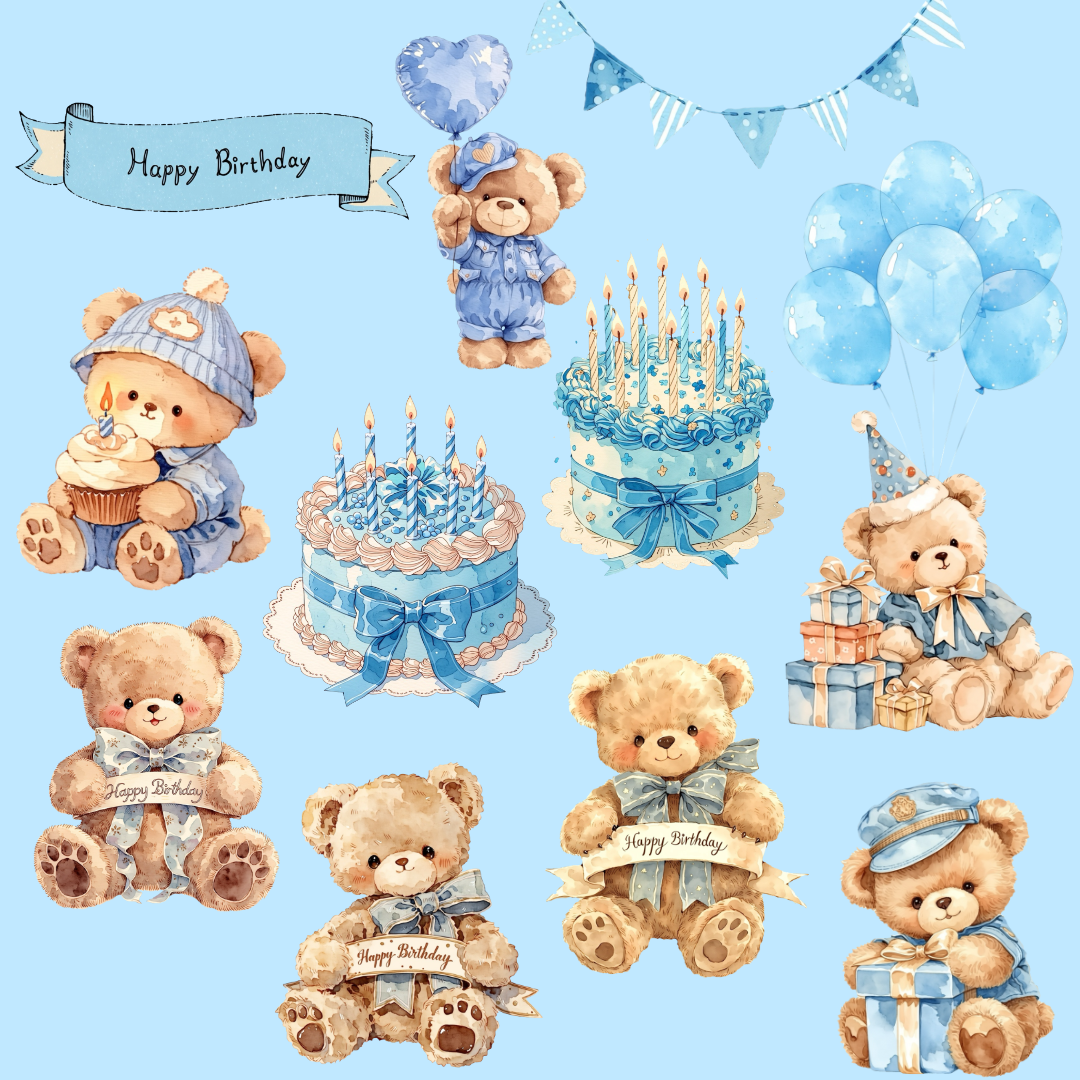 Boy Teddy Bear Birthday Clipart | Blue Birthday Party PNG Set
